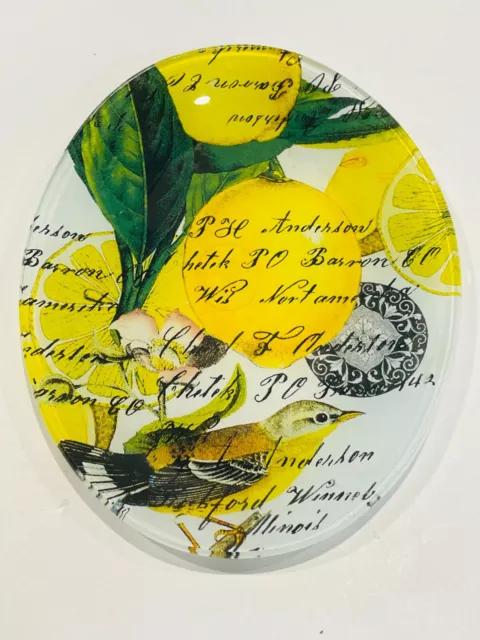 MICHEL DESIGN WORKS Oval Glass Trinket Soap Sponge 6" Dish Lemons Basil Bird