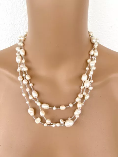 Perlenkette Suesswasser Perlen Zuchtperlen weiß anthrazit gold 154 cm Endlos