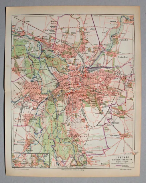 Leipzig und Vororte - Alte Karte, Stadtplan - Lithographie um 1896