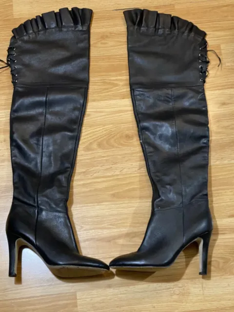 Kelsi Dagger Sophia Black Leather Over Knee Ruffle Boots Size 7.5 Sexy Heel Boot