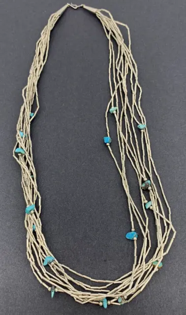 Vintage Native American Liquid Silver and Turquoise Necklace 26" 10 Strands 65G