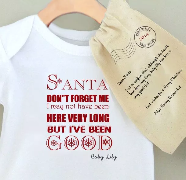 BABY'S 1st CHRISTMAS PERSONALISED BABY GROW BODY SUIT- I'VE BEEN GOOD + Gift Bag