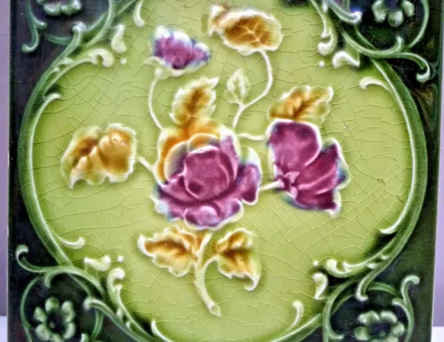 Antique Tile Majolica England Ceramic Rose Flower Purple Green Architecture "137 2