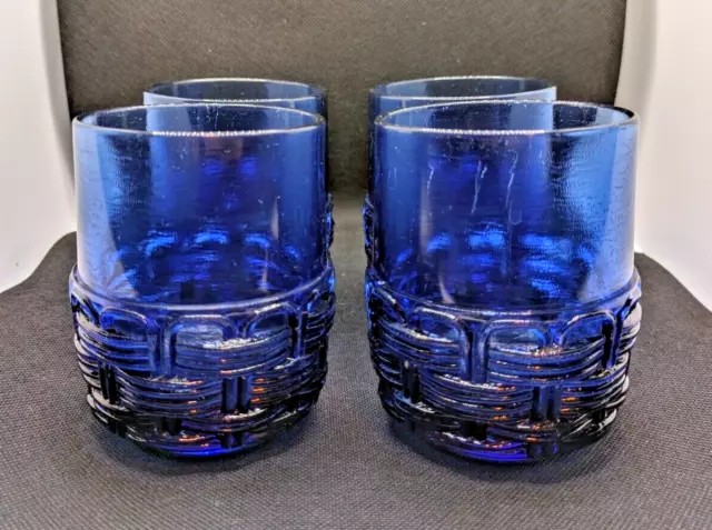 Set of 4 Vitnage LE Smith Cobalt Blue Wicker Basket Weave Drinking Glasses heavy