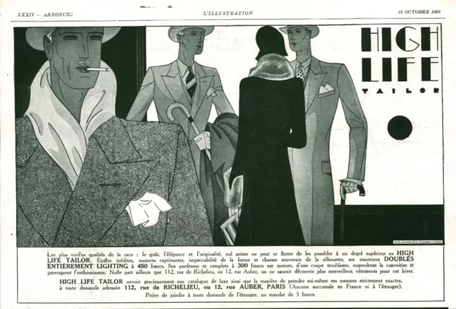 Publicité ancienne mode High Life Tailor  1929 issue de magazine