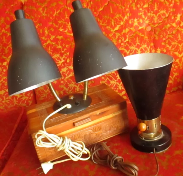 Lot 2 VTG Mid Century Modern Double Pierced Cone Goose Neck Wall Lamps Blk  BXD