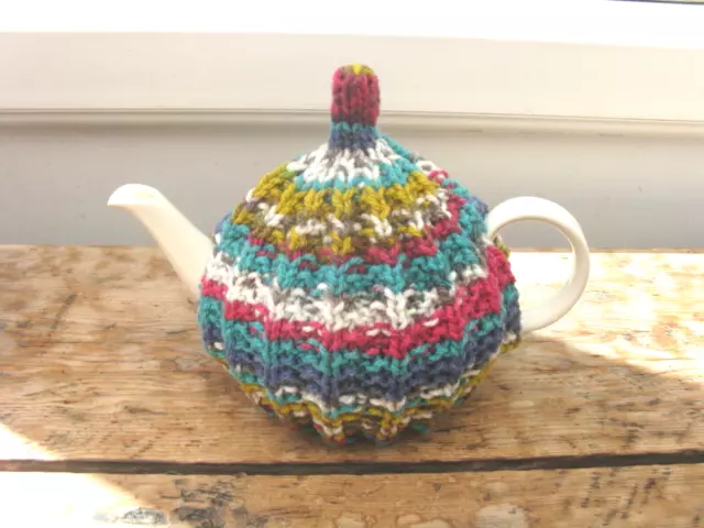 Hand Knitted Small 1-2 Cup  Tea Cosy, Stripe Mix, Ziggy Knits