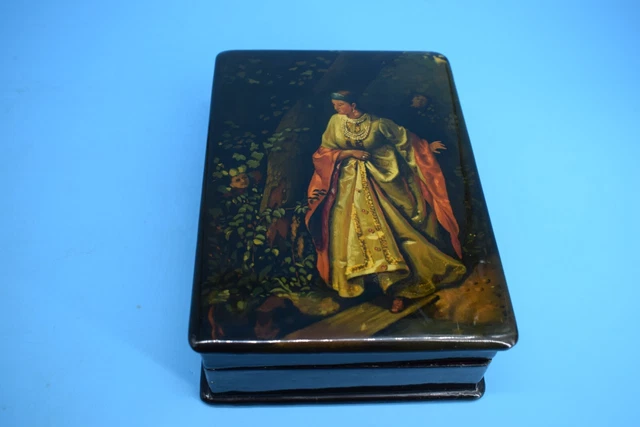 [7530] Rusische Lackdose Schatule Eckig unsigniert Vintage Antik Retro