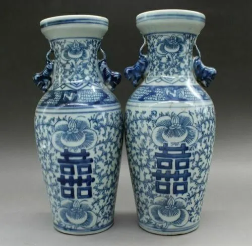 A Pair Delicate Chinese Blue And White Porcelain Vase Double Happiness