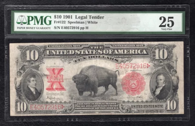 Fr. 122 1901 $10 Ten Dollars “Bison” Legal Tender United States Note Pmg Vf-25