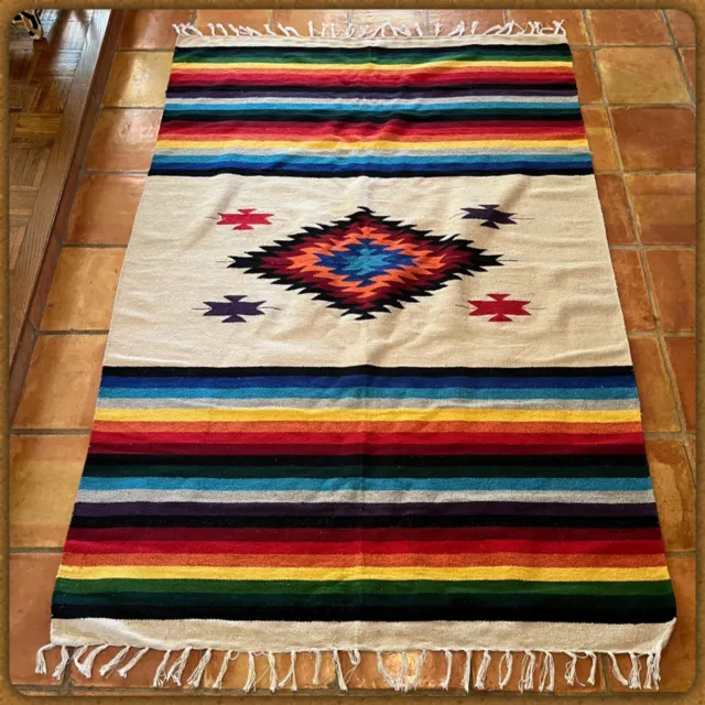 VTG Wool Southwestern 81 x 58 Saltillo Serape Camp Blanket Rug Baja Saddle Aztec