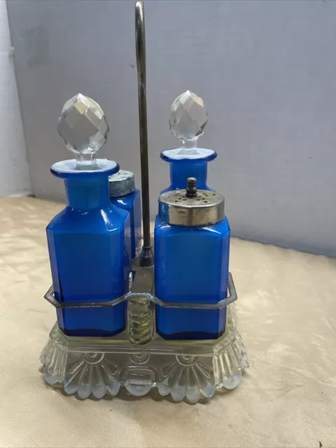 Antique Victorian Blue Glass 5 Pc. Cruet Set - Frosted Glass Base