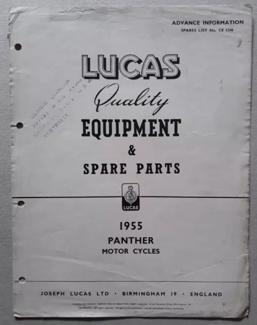 Panther Motor Cycles 1955 Lucas Equipment & Spare Parts List