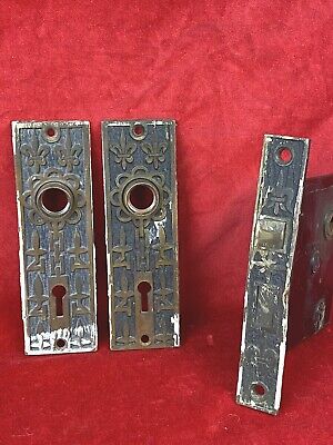 2 Eastlake 1862 Brass Backplates & Original Lockset, Fleur De Lis Pattern, Works 2