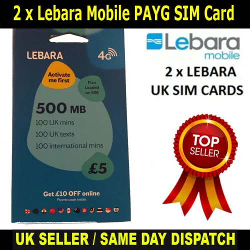 2 x LEBARA MOBILE BRAND NEW PAY AS YOU GO Trio-SIM CARD UK (Standard/Micro/Nano)