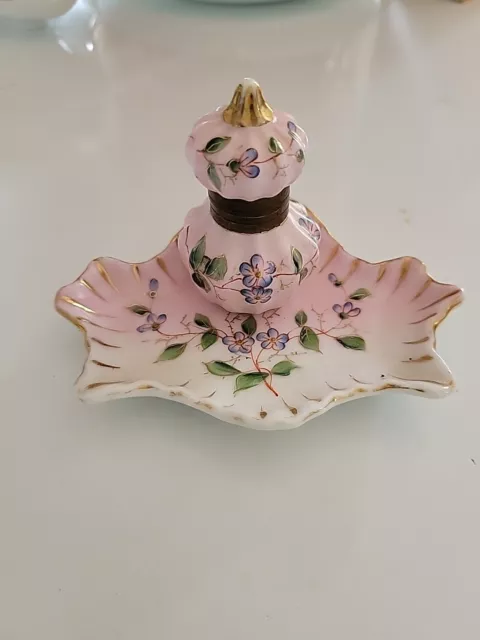 Antique Victorian Porcelain Inkwell  Bronze Fittings Hand Painted Floral