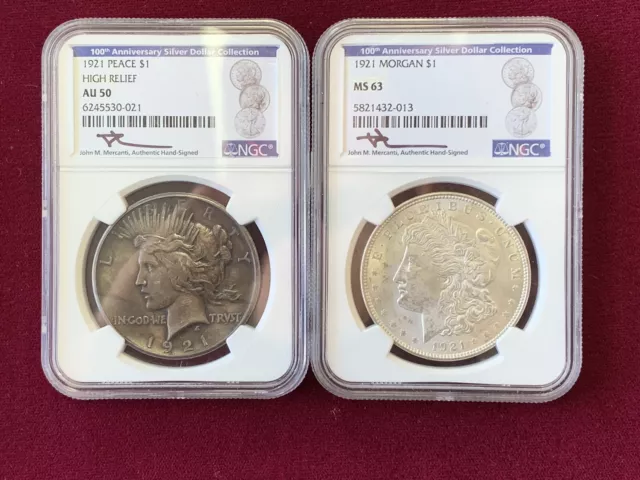 1921 Peace & Morgan Silver Dollar 100th Anniv. Set Mercanti Label NGC AU50 MS63