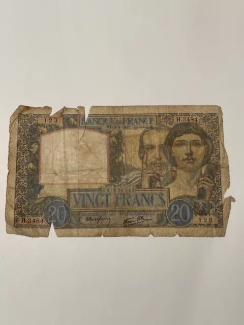 20  Francs Banknote From France 1941  Pick-92