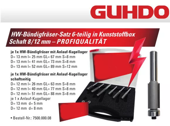 GUHDO HM/HW-Bündigfräser-Satz Oberfräser 6 teilig in Kunststoffbox S=8 mm/12mm 2