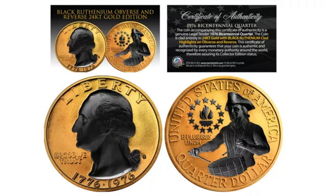 24K GOLD Plated 2-Sided 1976 Bicentennial Quarter with Black RUTHENIUM Features