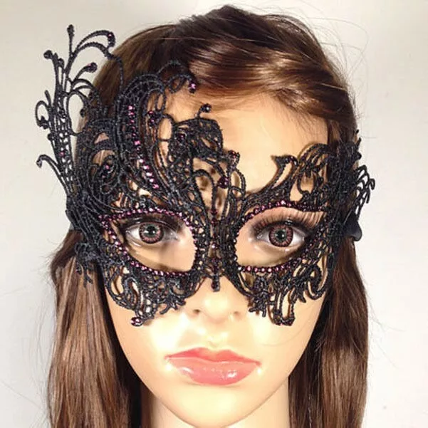Women Diamante Black Lace Face Eye Mask Venetian Cosplay Halloween Masquerade