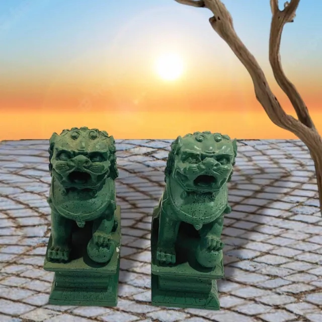 Pair Miniature Green Chinese Foo Dogs-Fu Lions Ceramic Statues.