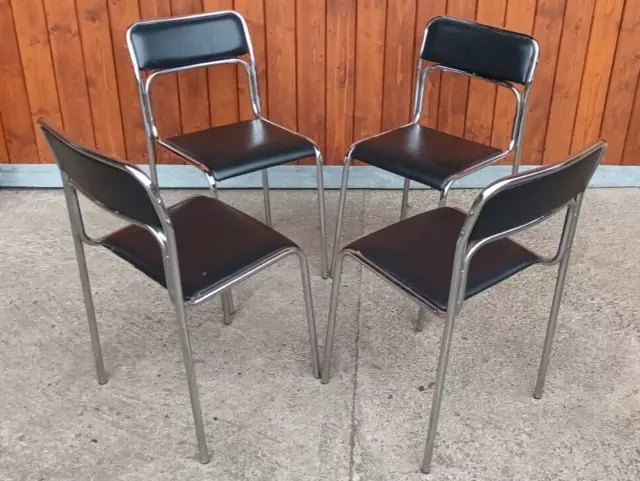 4x Cromo Apilables Sillas de Comedor Silla 70er Espacio Era Vintage Sillas Negro