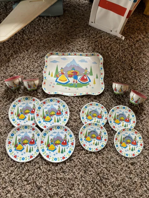 Vintage Ohio Art Tin Litho Swiss Alpine Child Tea Set 13Pc