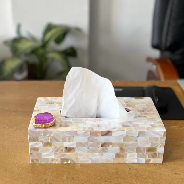 Pink Mother of Pearl Tissue Box Holder with Agate Dining Table Napkin Holder