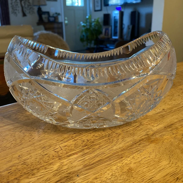 Vtg American Brilliant Cut/Pressed Glass Bowl Boat Dish Sawtooth Edge Starburst
