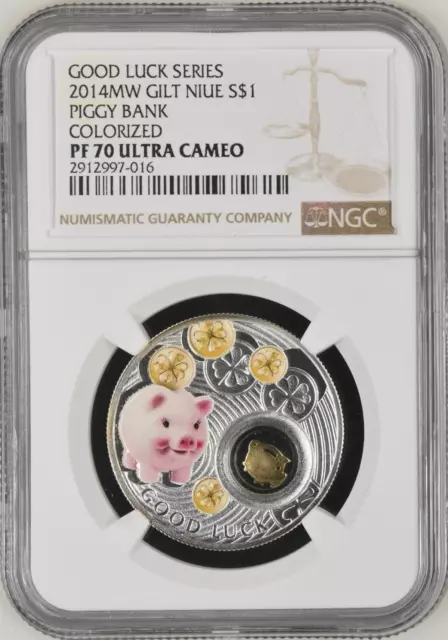 2014 Niue $1 Symbols Of  Luck - Piggy - Ngc Pf70 Uc - Gold Gilt .999 Silver Coin