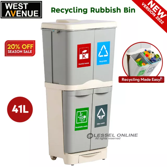 New Kitchen Bin Waste Sorting Trash Bins Lid Garbage Recycling Dustbin Can 41L