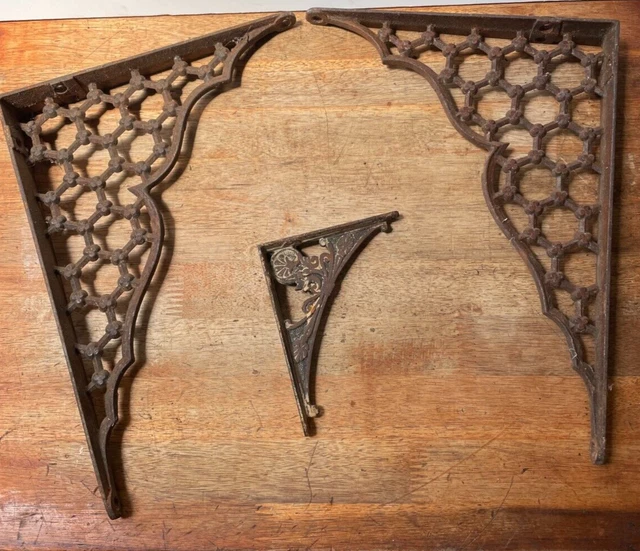 Set of 3 Antique Victorian Cast Iron Wall Shelf Brackets Rustic Patina Surface