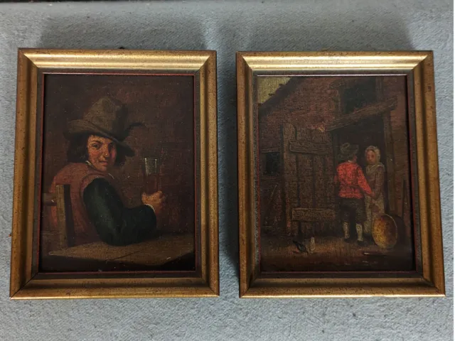 unbekannter Künstler Paar Ölgemälde antik Herrenportrait Bierglas Gespräch Hof