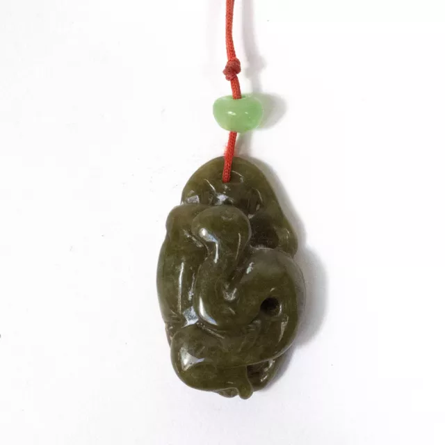 Vintage Chinese Jade Green Toned Carved Stone Snake Design Pendant Necklace