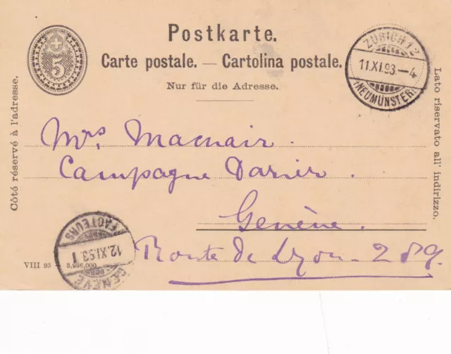 Switzerland 5c Postal card Zurich to Geneva posted 1893 written VGC