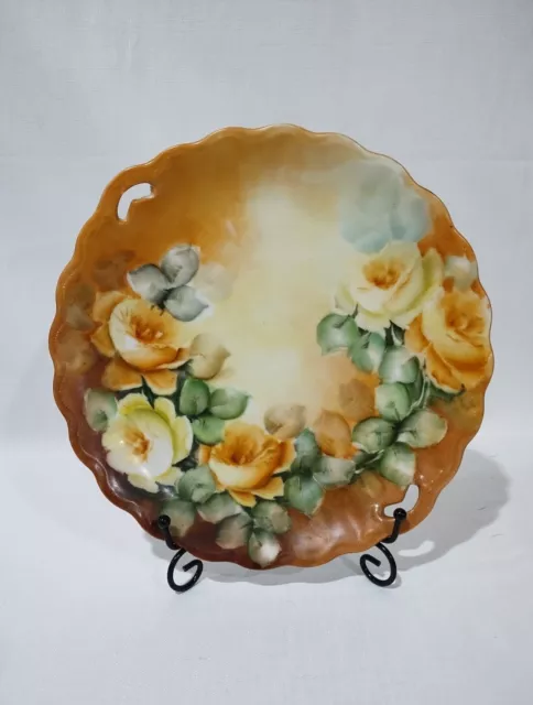 Vintage Hand Painted Yellow Rose Porcelain Decorative Display Plate Scalloped