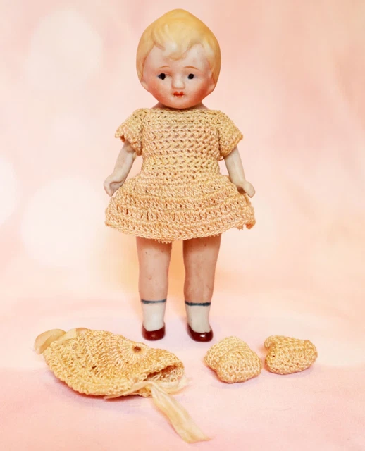 Antique All Bisque Doll Japan Joined Painted Socks Shoes Molded Hair Clothing