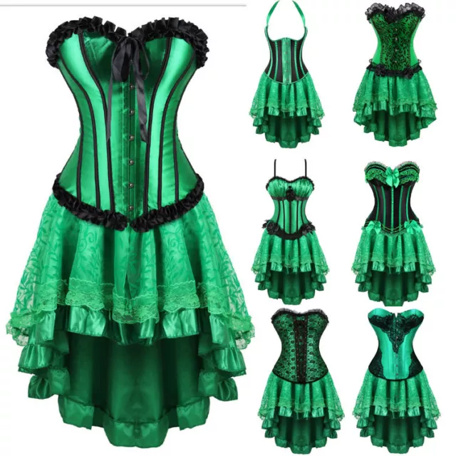 Fancy Halloween Costume Burlesque Corset Skirt Lace Cincher Bustier Green 6-24