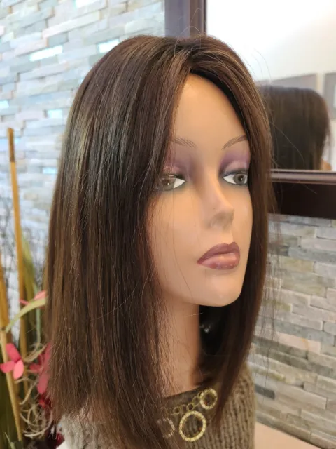 Full Dark Brown Human Hair 13" straight sheitel subtle highlights Lace Cap M L