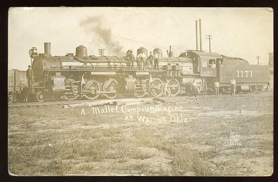 Reed railroad RPPC A. T. & Santa Fe Mallet locomotive #1171 WANOKA Oklahoma 1910