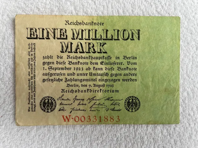 Banknote / Reichsbanknote Inflation 1 Million Mark, Berlin, 9. August 1923