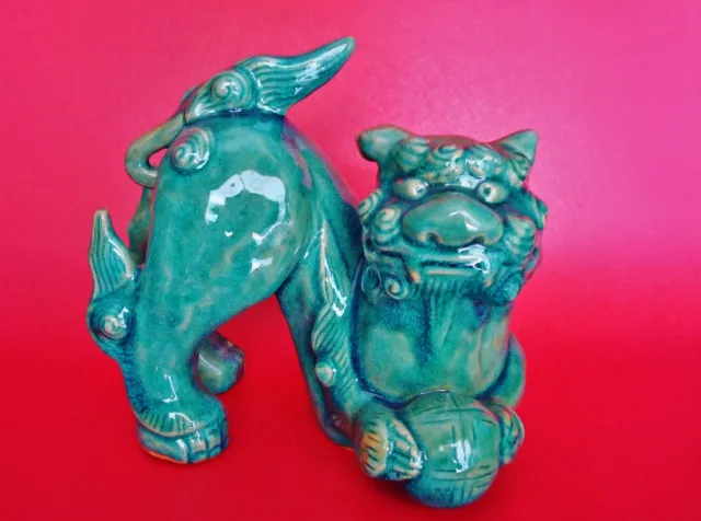 Antique Chinese Ceramic Lion Foo Dog Figure with Greenish-Turquoise Glaze