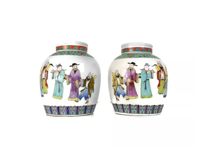 Couple Bowls ginger Jars, Chinese Urns Vintage Polychrome, lovely scenes family