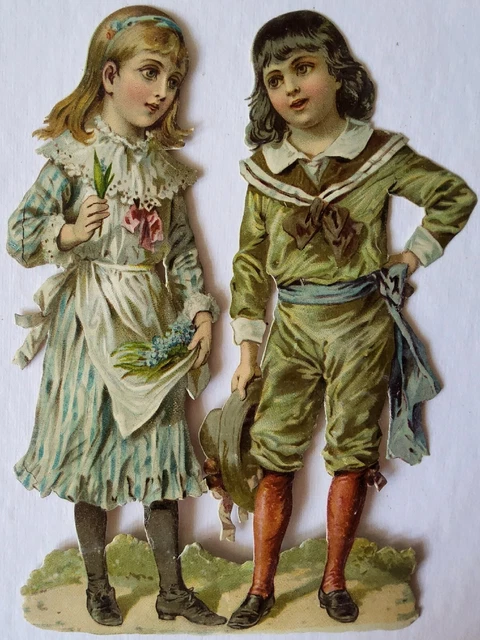 LOVELY LARGE R.TUCK LIGHT EMBOSSED DIECUT VICTORIAN SCRAP BOY/GIRL 17x13cm 1880s