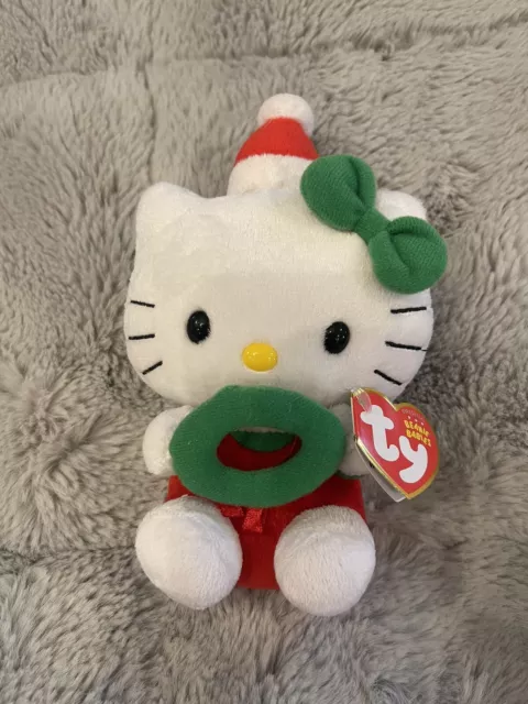 2011 Hello Kitty Christmas Plush TY Beanie Babies Wreath Santa Hat Bow  w/ Tag