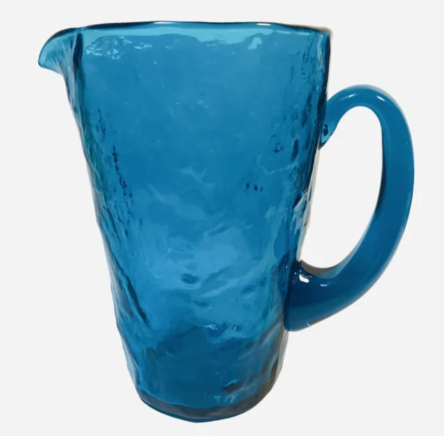 MORGANTOWN GLASS 6 1/2” Crinkle Peacock Blue Pitcher 28oz Elegant Glassware