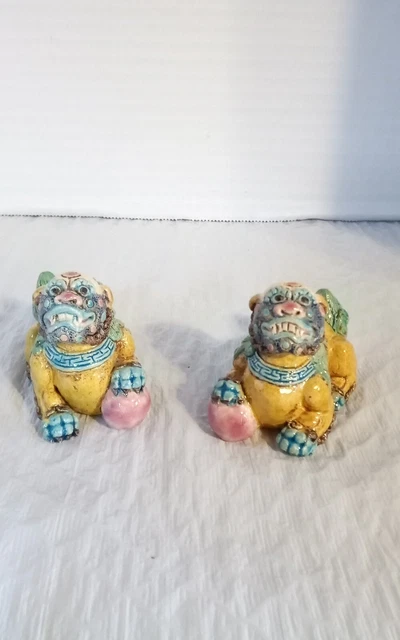 Taiwan Koji pottery WuCai Colorful Porcelain  Fu Foo Dog Lion Statue Pair