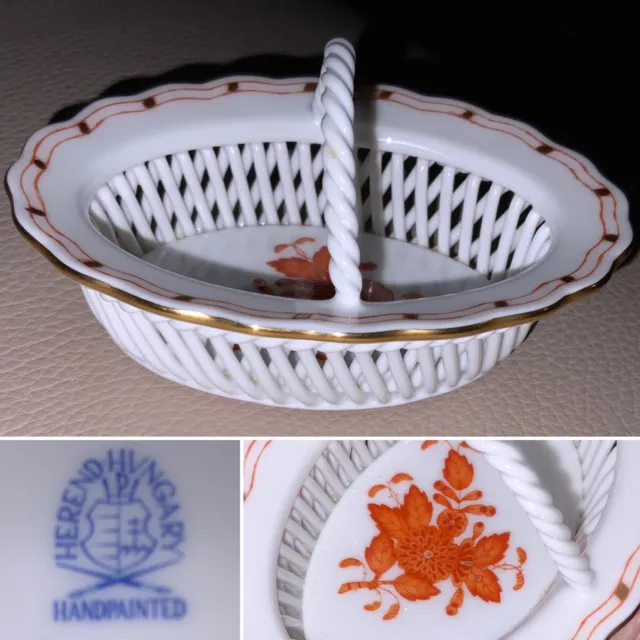 👀 Herend CHINESE BOUQUET Gold Porcelain RETICULATED Leaf BASKET 680 AOG Hungary