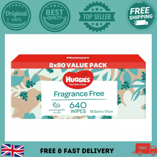 Huggies Thick Baby Wipes Fragrance Free 640 Pack (8 x 80 Pack)Packaging May Vary